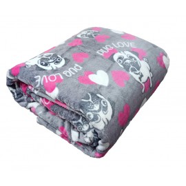 Mopsz mintás szürke fehér-pink szivecskés 200 x 230cm puha takaró wellsoft ágytakaró