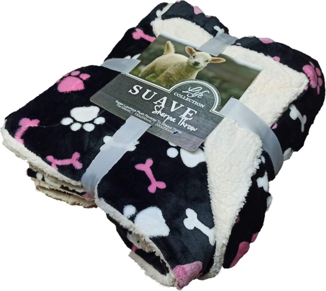 Sherpa 200x230cm fekete alapon fehér rózsaszín kutya mancs vastag puha takaró wellsoft meleg ágytakaró pléd